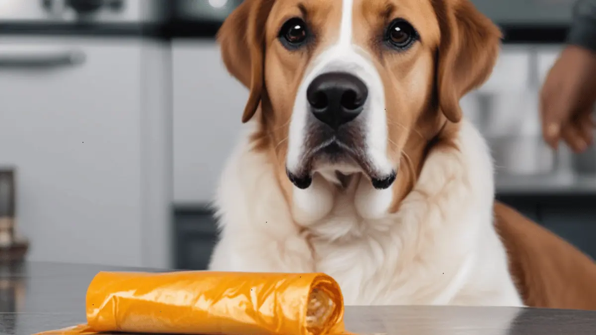 Dog looking guilty after eating saran wrap, with worried owner.